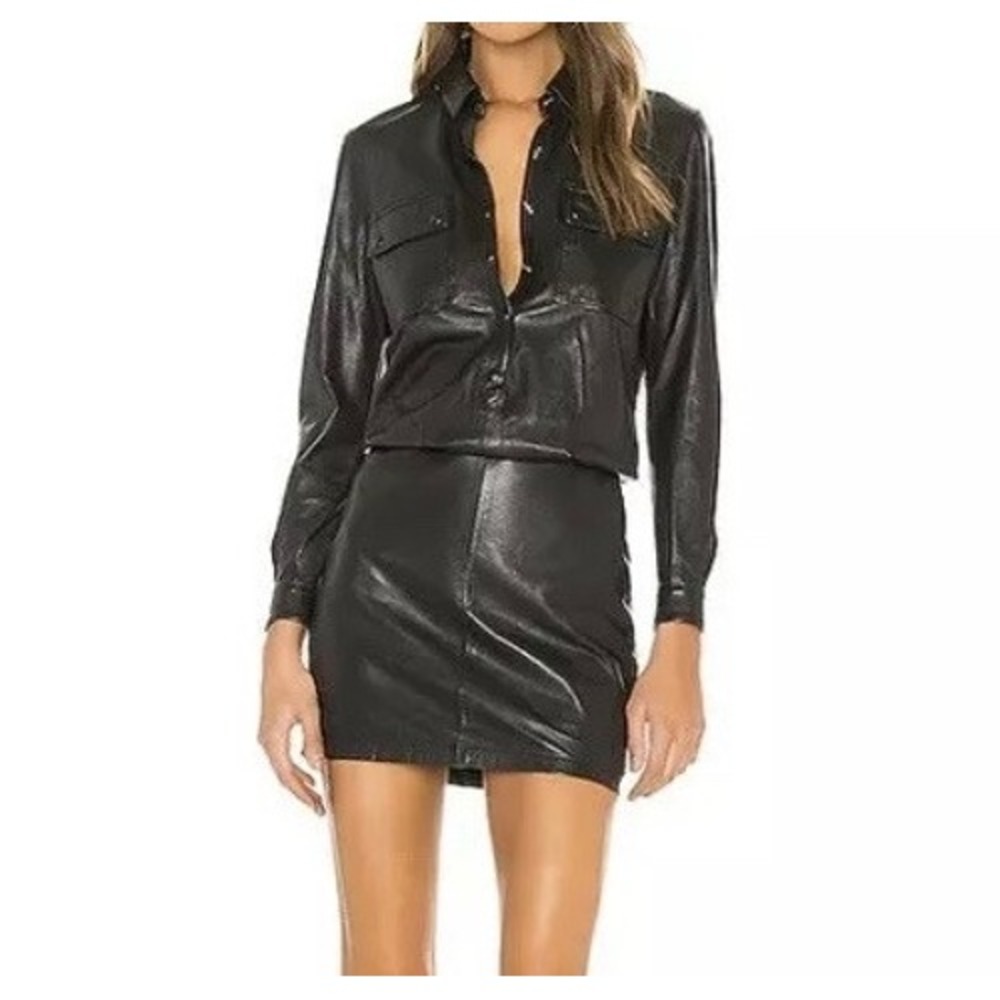 AllSaints Dress Women's 2 Black 100% Lamb Leather Kadi Snap Button Down Mini